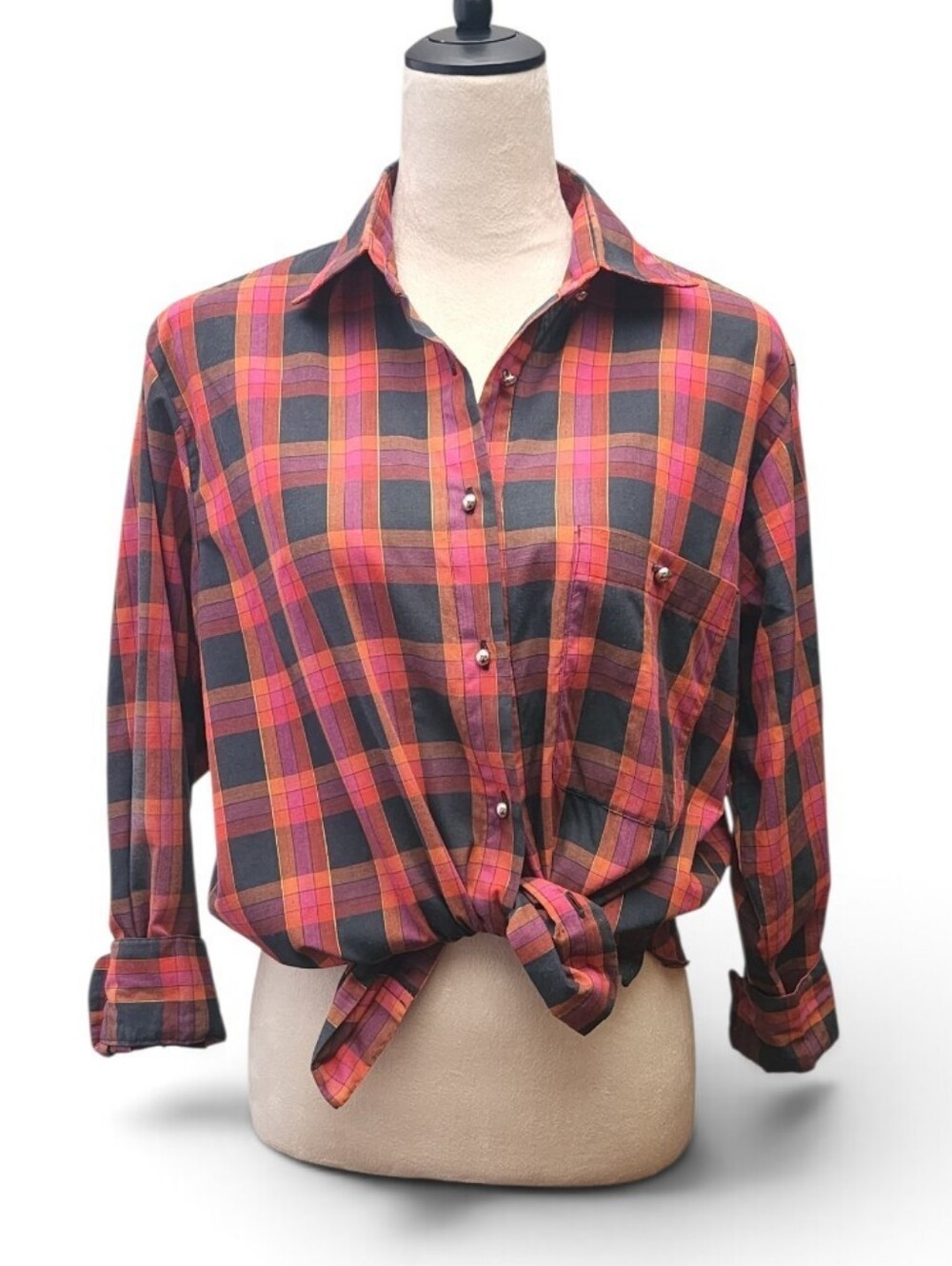 Vintage Diane von Furstenberg DVF M Madras Plaid Button Front Shirt Shoulder Pad